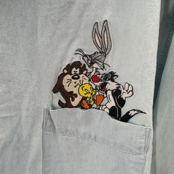 Acme Clothing Looney Tunes Embroidered Denim Button-Up Shirt Womens Size M Long - Picture 2 of 8